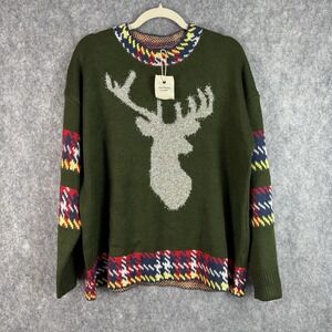 Ugly Christmas Sweater Silver‎ Garland Reindeer Women's M /L Green Holiday New
